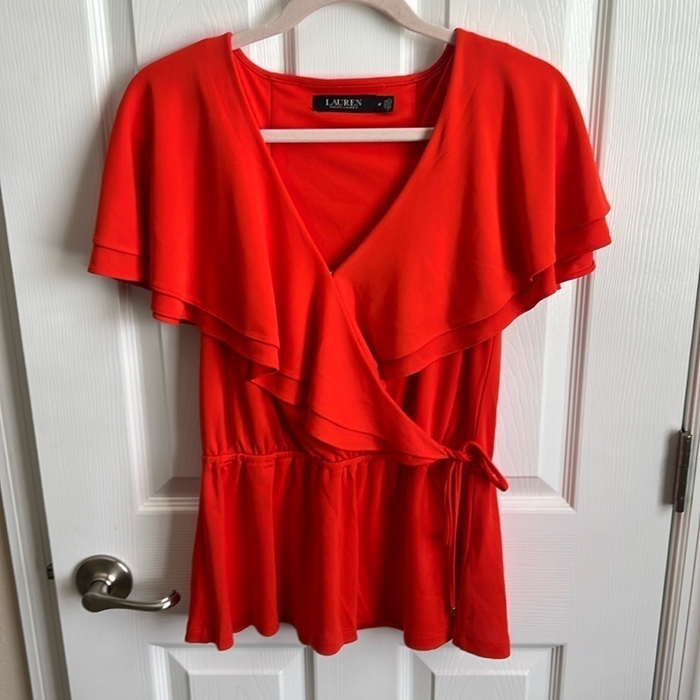 Lauren Ralph Lauren Ruffle Blouse Tie Waist V-Neck Top Orange Red‎ Size M